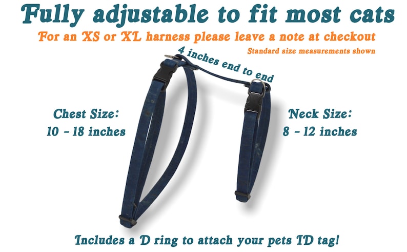 May include: A blue adjustable cat harness with black buckles. The harness is 4 inches long and has a chest size of 10-18 inches and a neck size of 8-12 inches. The text "Standard size measurements shown" is included in the image.