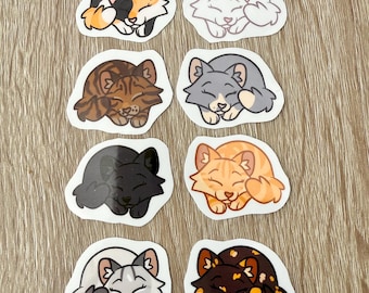 PACK D'AUTOCOLLANTS - Sleepy Kittens (8 mini-autocollants en vinyle) - calicot, blanc, brown tabby, gris, noir, roux, lynx point siamois, écaille