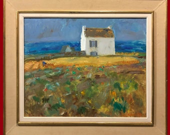 Une belle huile à bord Paysage côtier breton de l'île d'Ouessant avec un chalet de l'artiste français Christian Caillard (1899-1985)