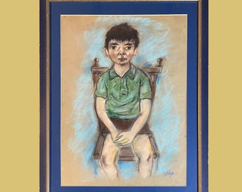 Une huile originale tendre et charmante portrait italien d’un jeune enfant assis sur une chaise datant des années 1960