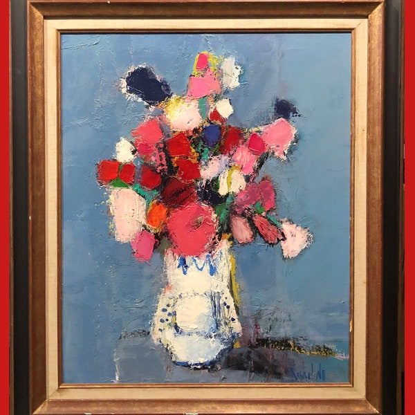 Un bouquet de fleurs de l'École de Paris des années 1960, peinture française originale de haute qualité, nature morte vintage moderne signée