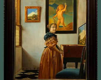 A charming Vermeer's "Girl Standing by the Clavichord" copy from the 1970s oil on canvas original framed antique vintage painting classic