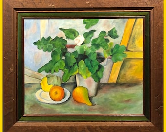 Un Cézanne des années 1970 d'inspiration française de haute qualité, huile sur toile, nature morte encadrée, oeuvre d'art européenne