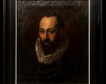 Une magnifique huile sur toile française originale du 19ème siècle encadrée d'un portrait antique contenant l'écrivain espagnol Miguel de Cervantes