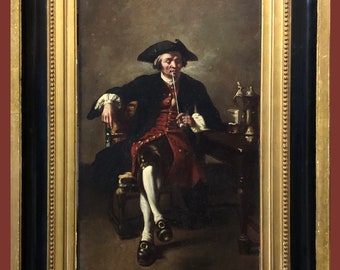 Un pimpant fumeur de pipe du XVIIIe siècle en redingote et chapeau fumant de l'huile sur bois dur Portrait français du XIXe siècle tableau antique de haute qualité