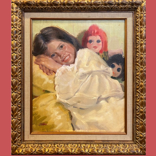 Un charmant et mignon portrait original à l'huile sur toile des années 1950 d'une jeune fille se couchant avec ses poupées encadrée oeuvre d'art espagnole qualifiée