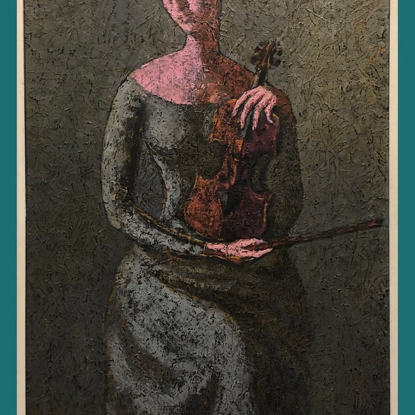 Un très beau joueur de violon des années 1950, avant-gardiste, moderne, huile sur toile, portrait abstrait cubiste, oeuvre d'art signée espagnol