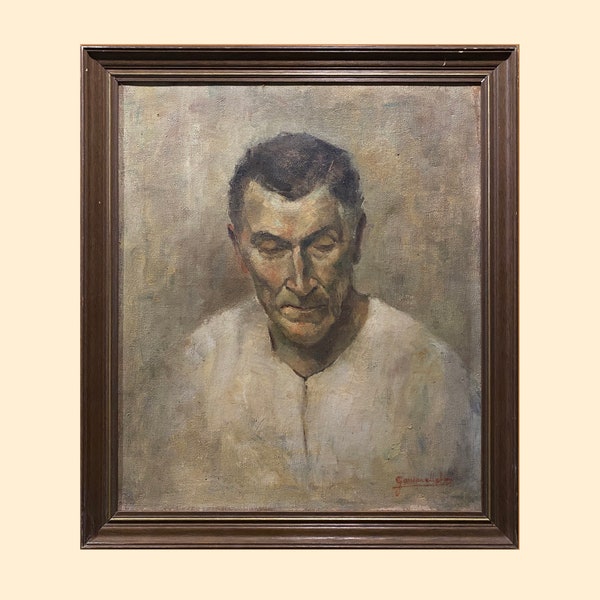 Une huile sur toile encadrée originale des années 1930 représentant un homme d'âge moyen introspectif