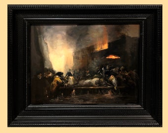 A skilled Francisco de Goya Black Paintings inspired hospital fire scene original oil on canvas framed vintage antique artwork