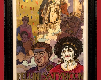 An original 1960s Italian Dolce Vita original litograph by master comic artist Milo Manara for Federico Fellini's film Satyricon