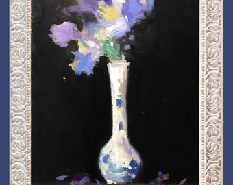 A fine original 1930s Japanese Oriental flower bouquet with vase by master Vives Maristany oil on cardboard antique vintage painting artwork