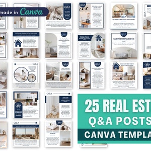 25 Real Estate Questions FAQs , and Q&A Social Media Posts Canva Templates For Realtor ,Marketing Content  On Instagram Facebook