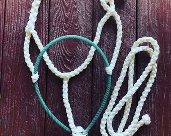 May include: A white braided rope with a green braided rope looped through it. The ropes are laid out on a wooden surface.