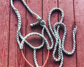 May include: A braided rope halter with a red and white braided rope tie. The halter is made of a thick, durable rope and is designed for horses.