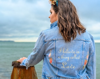 Bridal denim jacket 'I believe', size 12-14