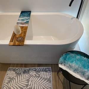 Ocean Resin Bath Caddy In Acacia Wood