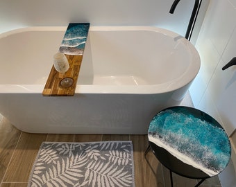 Ocean Resin Bath Caddy In Acacia Wood