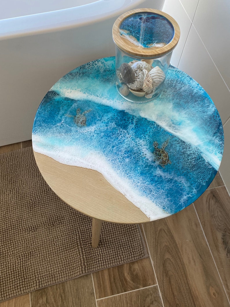 Resin Ocean Side Table in Wood with Glow in the Dark Resin image 4