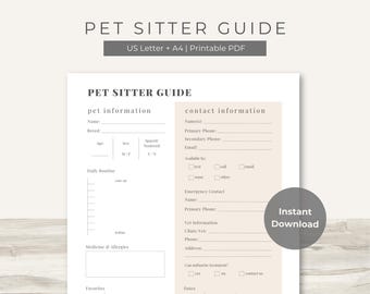 Pet Sitter Guide Printable PDF | Pet Care Quick Reference Sheet | Dog Cat Pet Info Form for Sitters | Minimal Layout | US Letter A4
