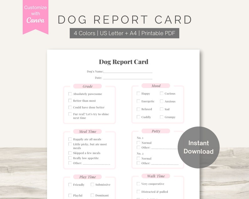 Dog Report Card Printable PDF Pet Owner Info Editable Template Pet Sitter and Dog Boarding Daily ...