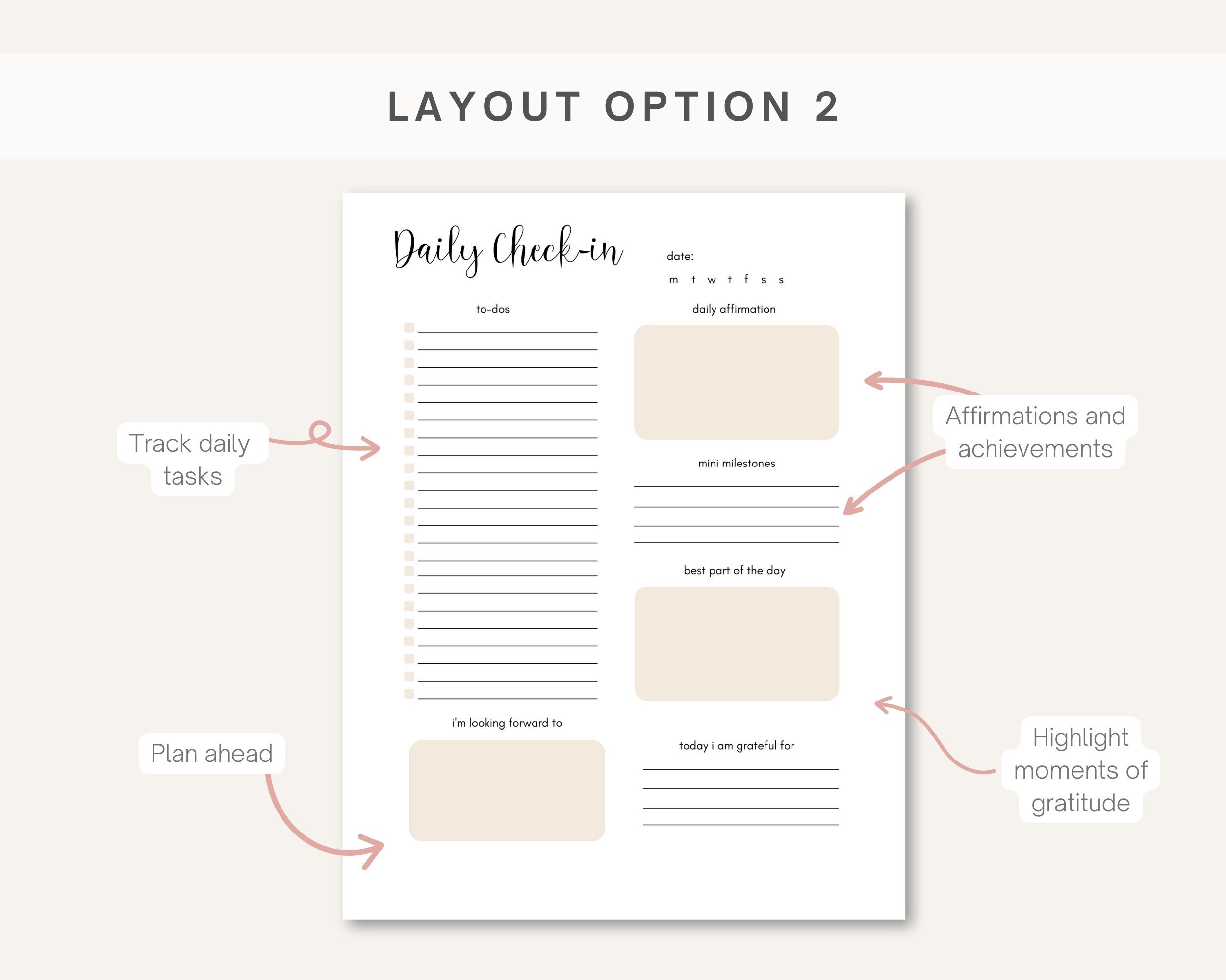 Daily mood check in printable pdf gratitude journal page for self care