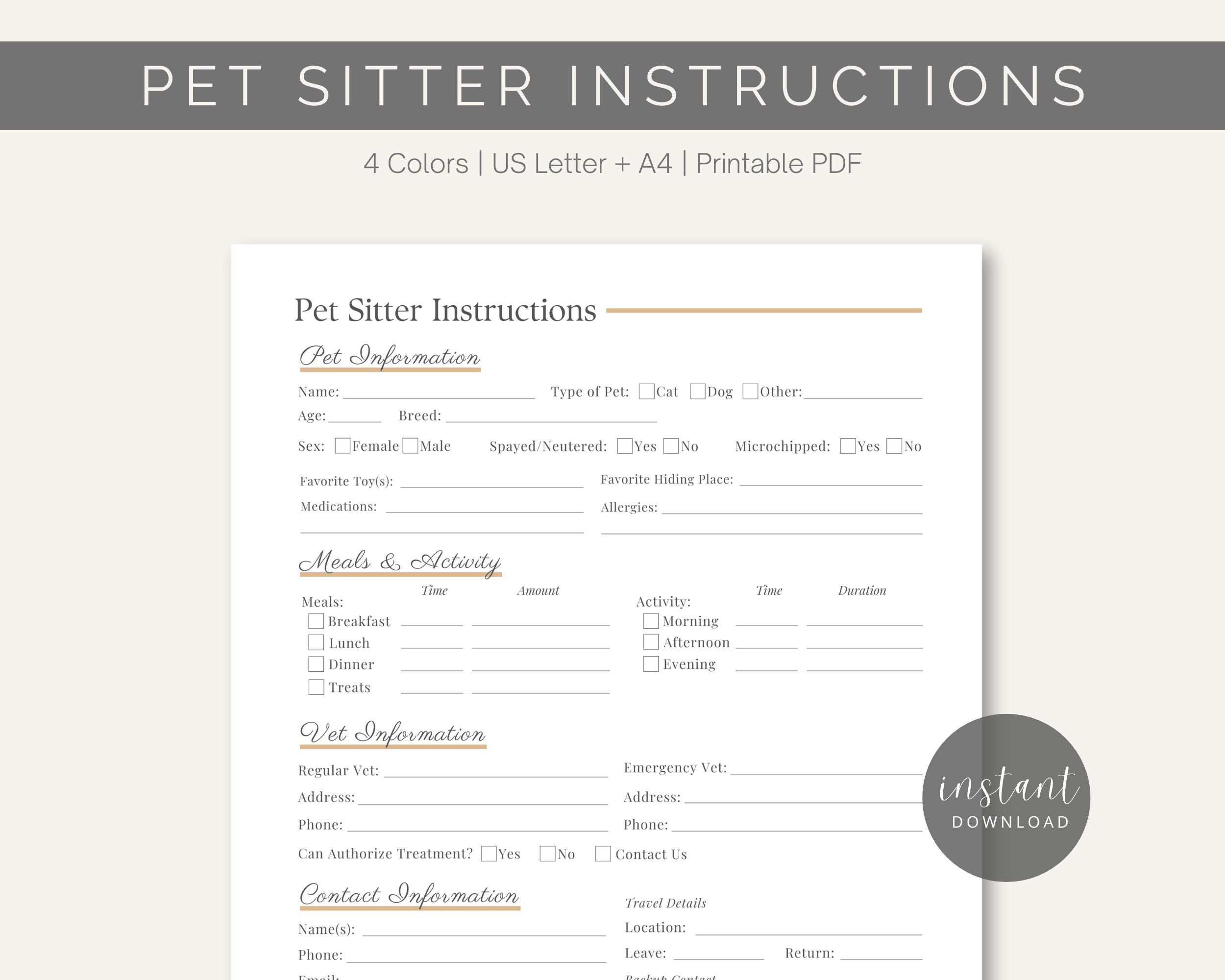 Pet Sitter Instructions Printable PDF Owner Info Template dog, Cat, or Pet Sitter Instructions Printable PDF Owner Info Template dog, Cat, or