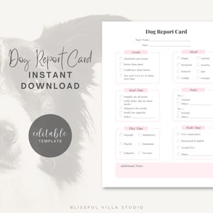 Boleta de calificaciones para perros PDF imprimible / Plantilla editable con información del propietario de la mascota / Cuidador de mascotas y formulario de cuidado diario de alojamiento para perros / Carta de EE. UU., A4