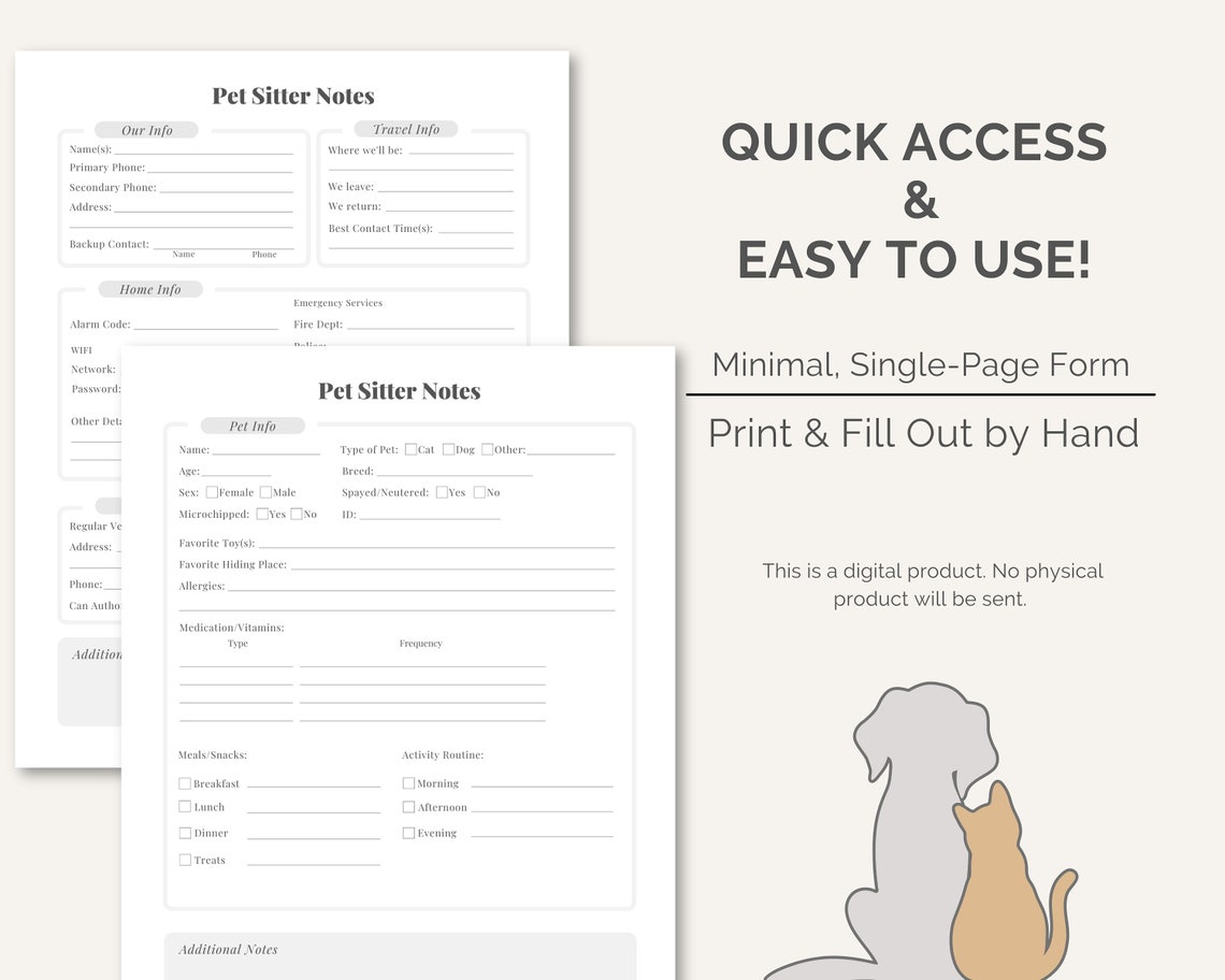 Pet Sitter Notes Printable PDF 2pg Owner Info Template dog, Cat, or ...