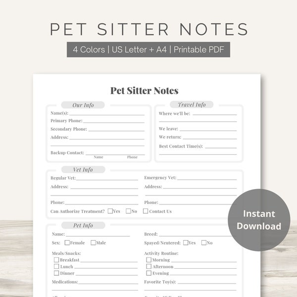 Pet Sitter Notes Printable PDF | Owner Info Template (Dog, Cat, or Other Animal) | Daily Care Form - Digital Download | US Letter, A4