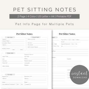 Pet Sitter Notes Printable PDF - 2pg | Owner Info Template (Dog, Cat, or Other Animal) | Daily Care Form - Digital Download | US Letter, A4