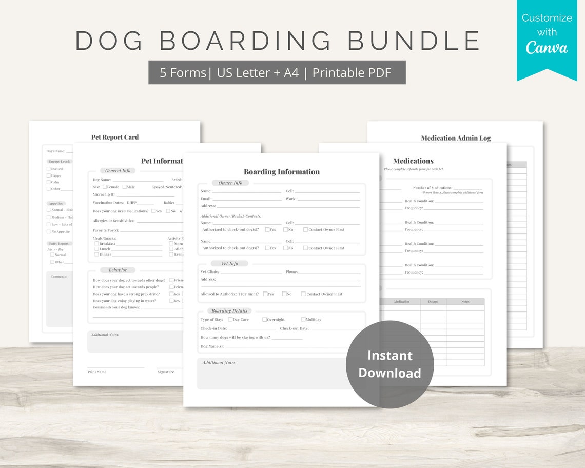Dog Boarding Forms Printable PDF | Pet Boarding Bundle | Pet Care ...