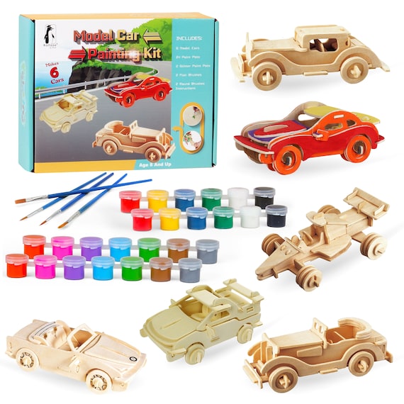 Model Car Craft Kit, Build and Paint 6 Wood Model Cars, STEM Educational,  DIY 3D Puzzle Brain Teaser Toy for Kids 