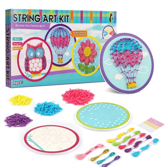 String Art Craft Kit for Kids, Triple Art Project for Girls and Boys Ages  6-15 Makes an Owl, Hot Air Balloon, and a Flower 