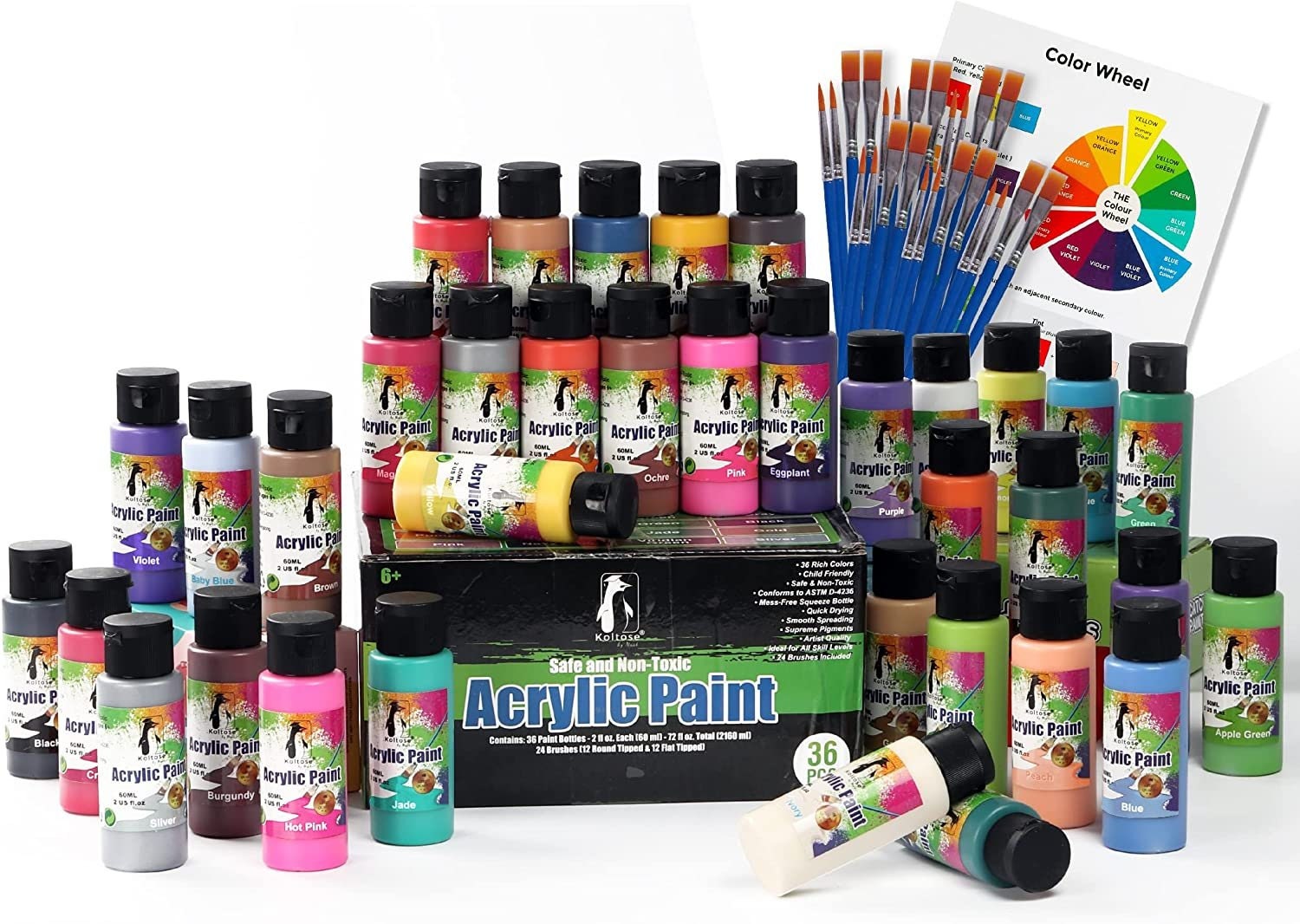 J Mark 48pc Deluxe Painting Kits for Adults - Includes Adjustable Wood Easel, Thick Canvases, Acrylic Paints, Brushes Set,Wooden and Plastic