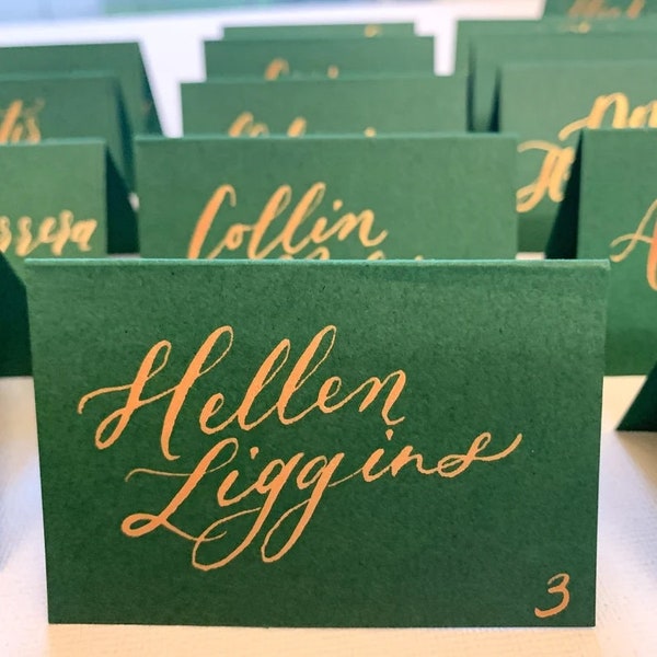 Green Tented Place Cards with Calligraphy in Gold Ink, Emerald Green Place Cards, Green & Gold Thanksgiving,Emerald Green and Gold Christmas