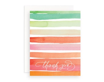 Colorful Watercolor Stripes Thank you Card, Pinks and Greens Everyday Thank You Card, Calligraphy Thank You Greeting Card