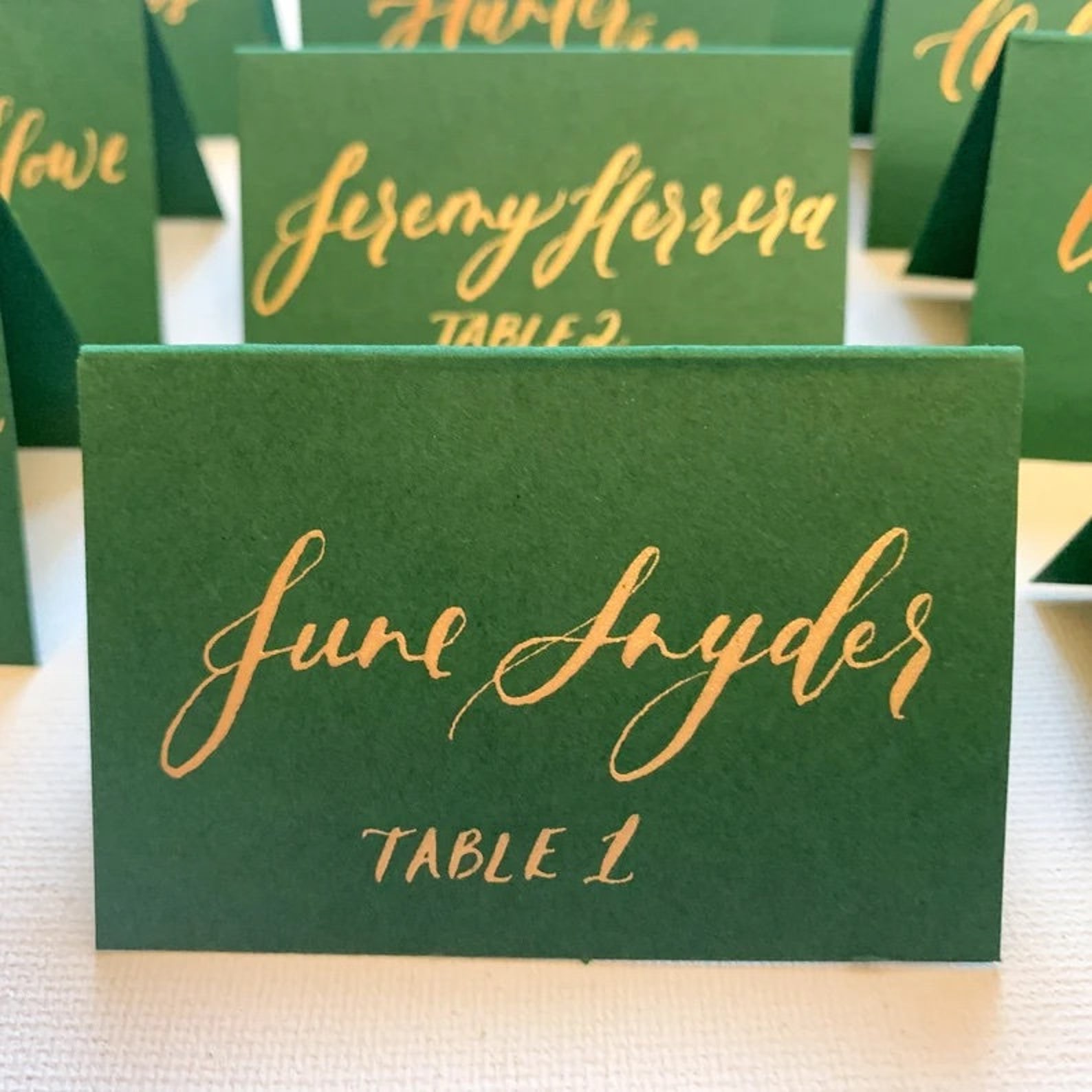 Green Tented Place Cards With Calligraphy in Gold Ink Emerald Etsy