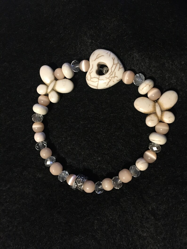 Womans beaded stretch bracelet 7.5 cream and tan butterfly beads jewelry gifts mothers Valentines Christmas