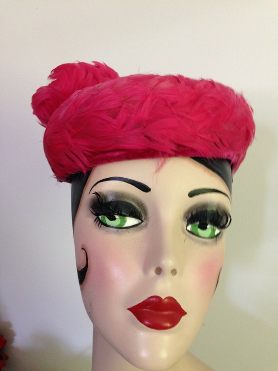 Hat Nip by Danciger Deep Rose Color Feathered Pil… - image 1