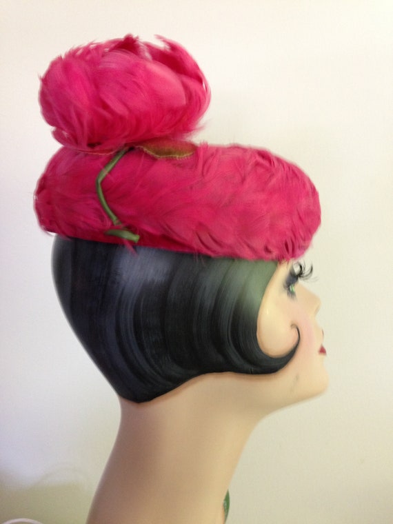 Hat Nip by Danciger Deep Rose Color Feathered Pil… - image 3