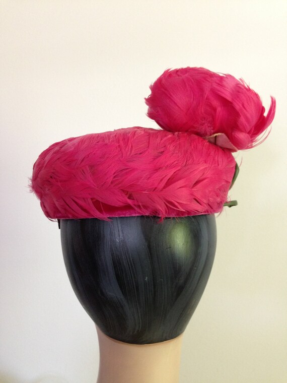 Hat Nip by Danciger Deep Rose Color Feathered Pil… - image 2
