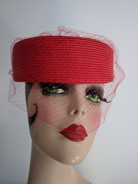 Red Straw Ladies Pillbox Straw Hat by Clover Lane