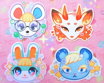 May include: Four colorful animal character stickers with sparkly details. The stickers feature a white mouse with glasses, a white fox with orange fur, a white rabbit with blue and orange fur, and a blue mouse with yellow hair.