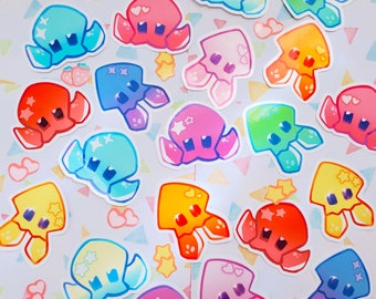 May include: A collection of colorful stickers featuring cartoon squid-like characters with different expressions and colors. The stickers are perfect for adding a fun and whimsical touch to laptops, water bottles, journals, and more.