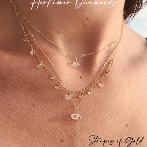 Herkimer Diamond Lariat Crystal Dangle Y Necklace Layered, 14K Gold Filled or Sterling Silver, Gift for her, Bridesmaids, AAA quality