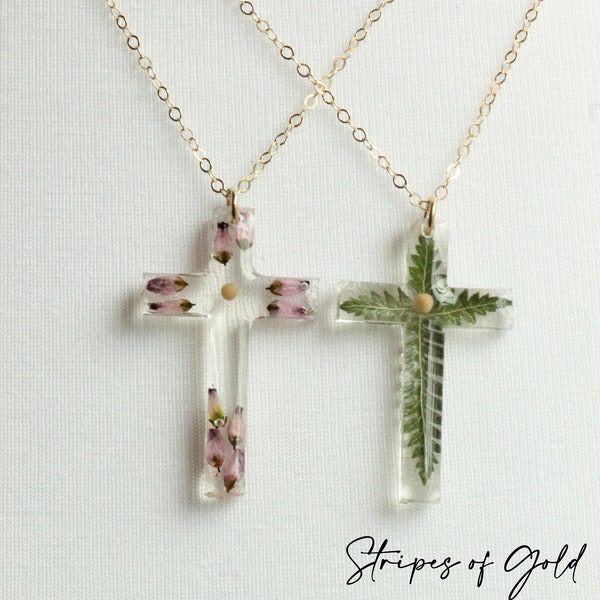 Faith of a Mustard Seed, Small Cross Necklace, 14K Gold Filled Sterling Silver, Christian Jewelry, Heather, Fern Flower Matthew 17:20, Resin