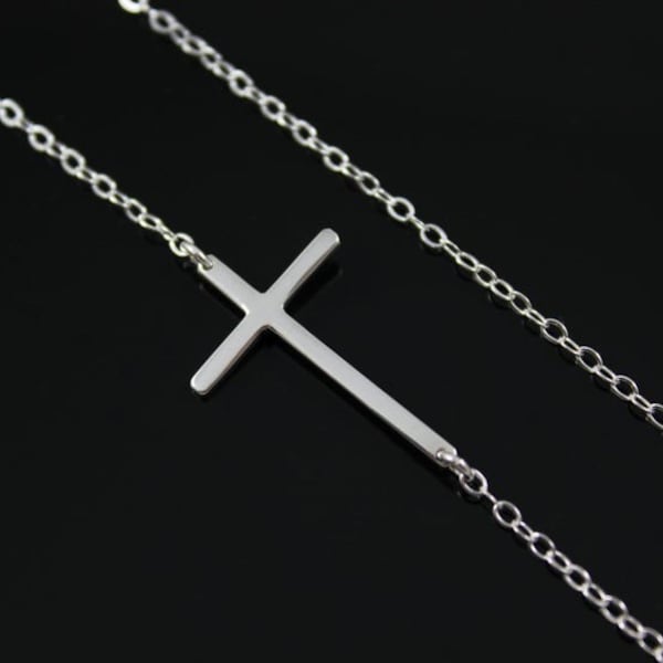 Cross Necklace, Small Sterling Silver Sideways Cross Necklace, Dainty Minimalist Religious Christian Gift for her Kelly Rippa Holy Communion