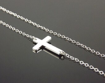 Sideways Cross Necklace, Sterling Silver, Christian Jewelry, Religious, Dainty Cross, Small Cross, Layering, Gift For Her, Bridesmaids Gift