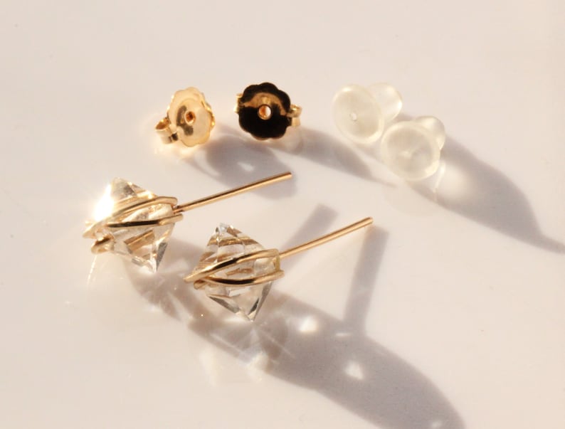 Herkimer Diamond Stud Solitaire Earrings, Gold Small Dainty Minimalist, Gold Filled, April Birthstone Raw Natural Crystal, Wire Wrapped Gold Wire Wrapped