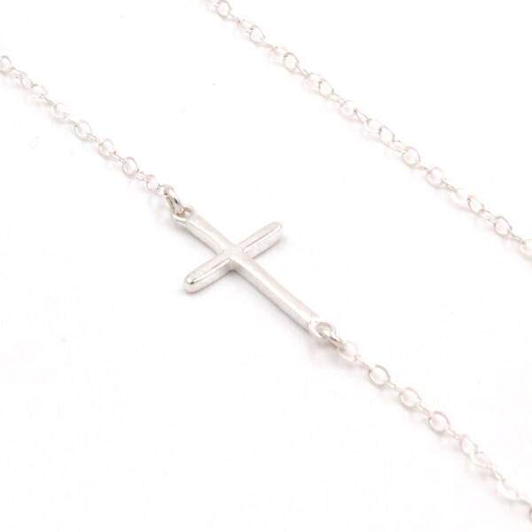 Sterling Silver Sideways Cross Necklace, Dainty, Thin Catholic, Christian Jewelry